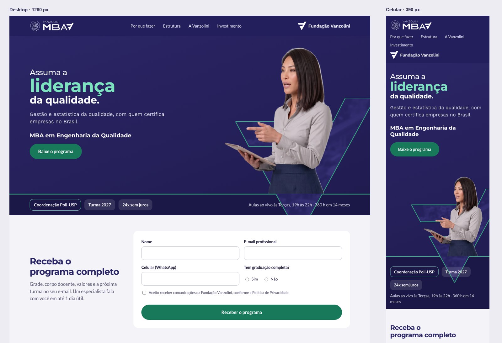 Nova LP do MBA em Engenharia da Qualidade, desktop e celular
